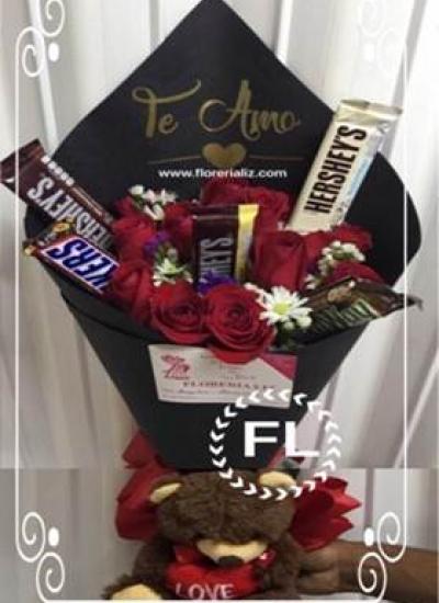 Rosas, chocolates y peluche F-RO-60 | Florería Liz | Arreglos florales en  Monterrey